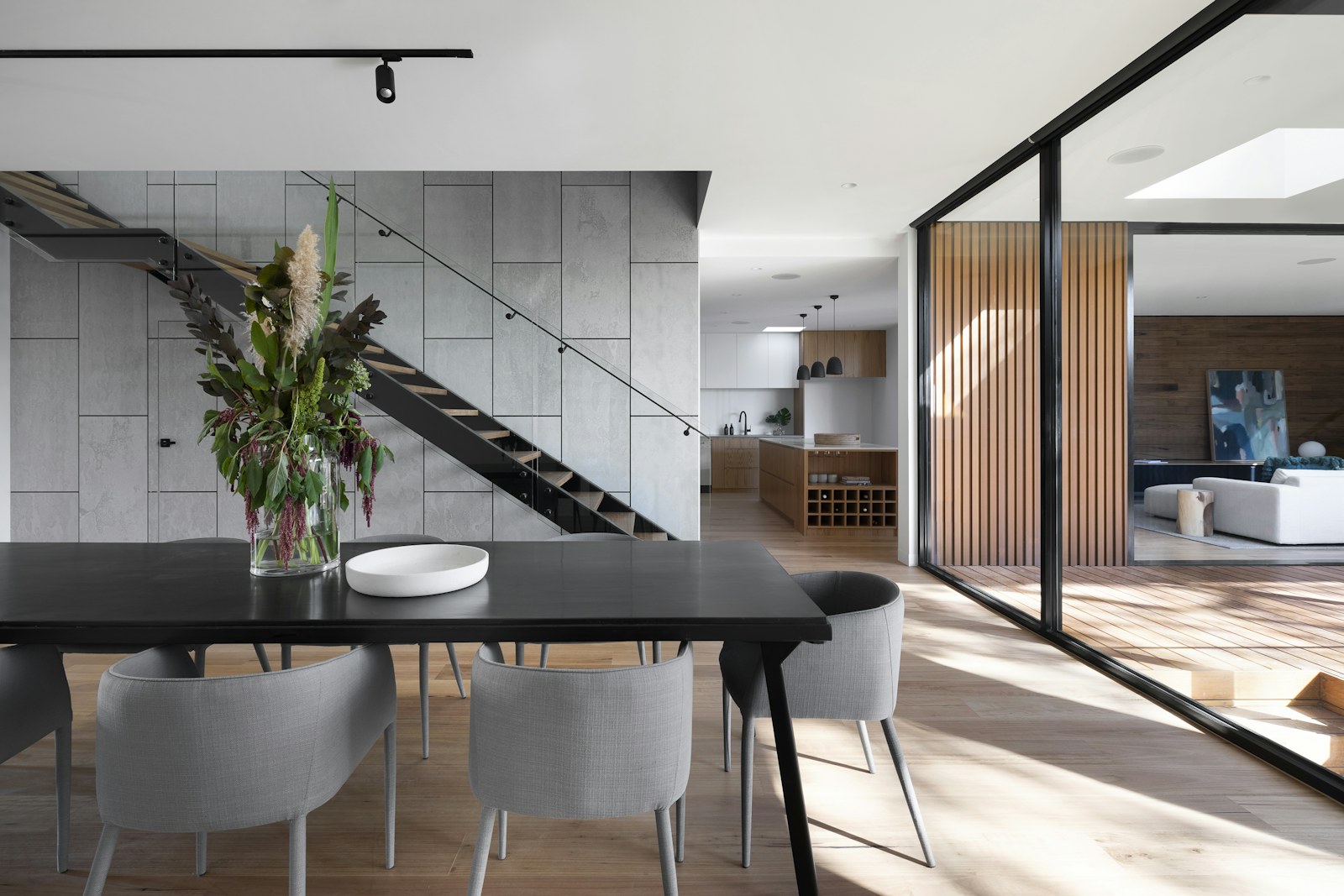 Dining room with statement lighting